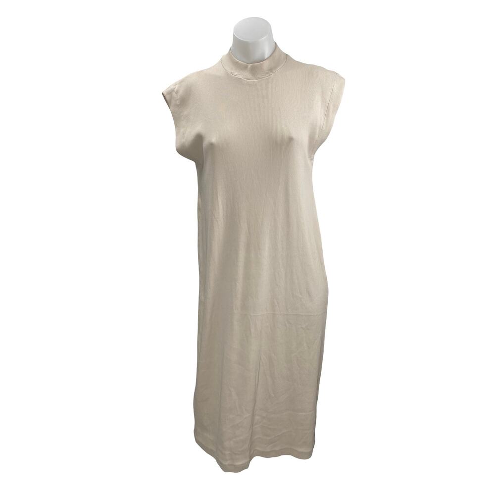 Zara Soft Long Womens Beige Knit Sleeveless Mock Neck Midi T-Shirt Shift Dress M